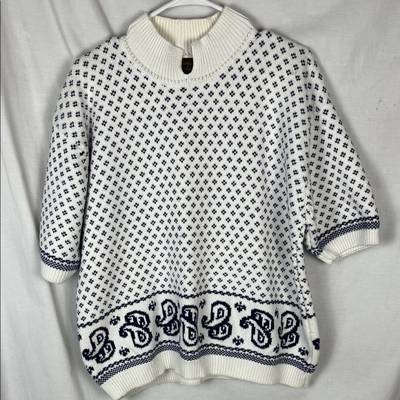 Vintage 1990 Eddie Bauer White and Blue Houndstooth Cotton Short Sleeve Sweater - Picture 1 of 10